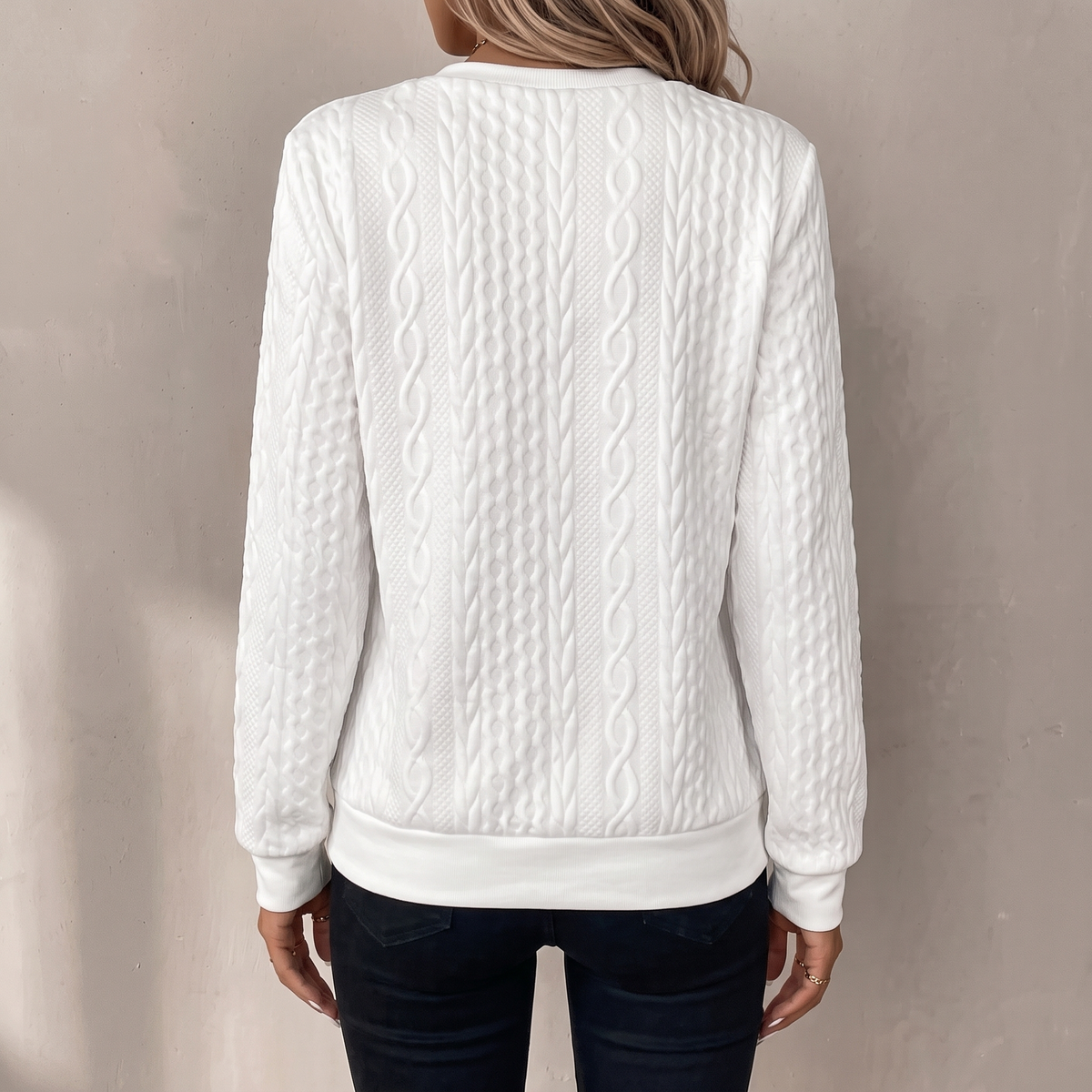 Lucille textured zipper sweatshirt in white, back view showing the cable texture