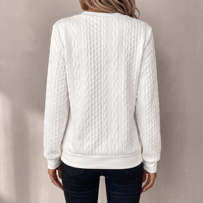 Lucille textured zipper sweatshirt in white, back view showing the cable texture