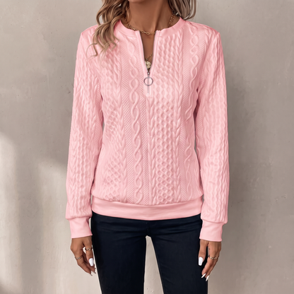 Lucille textured zipper sweatshirt in pink, front view