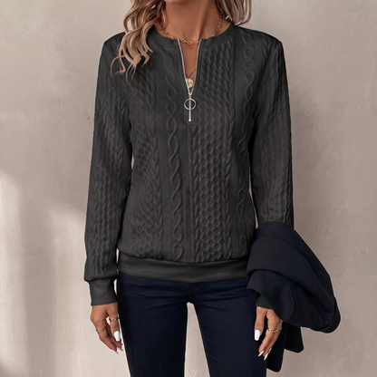 Lucille textured zipper sweatshirt in black, front view