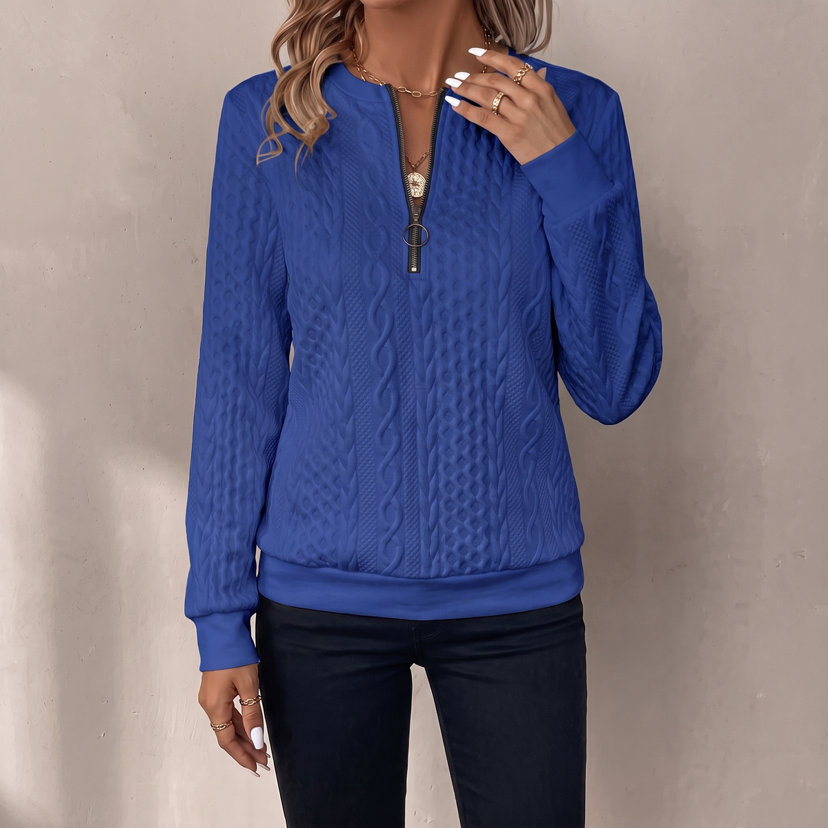 Lucille textured zipper sweatshirt in royal blue, front view