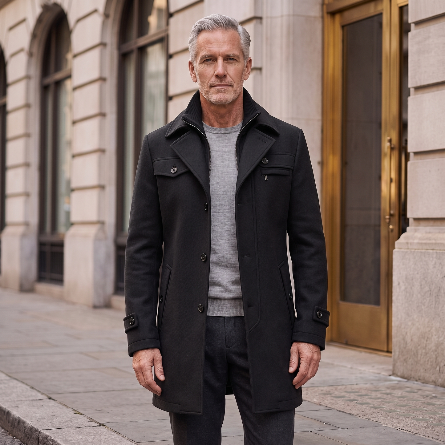 Man wearing the Emerson wool overcoat in black