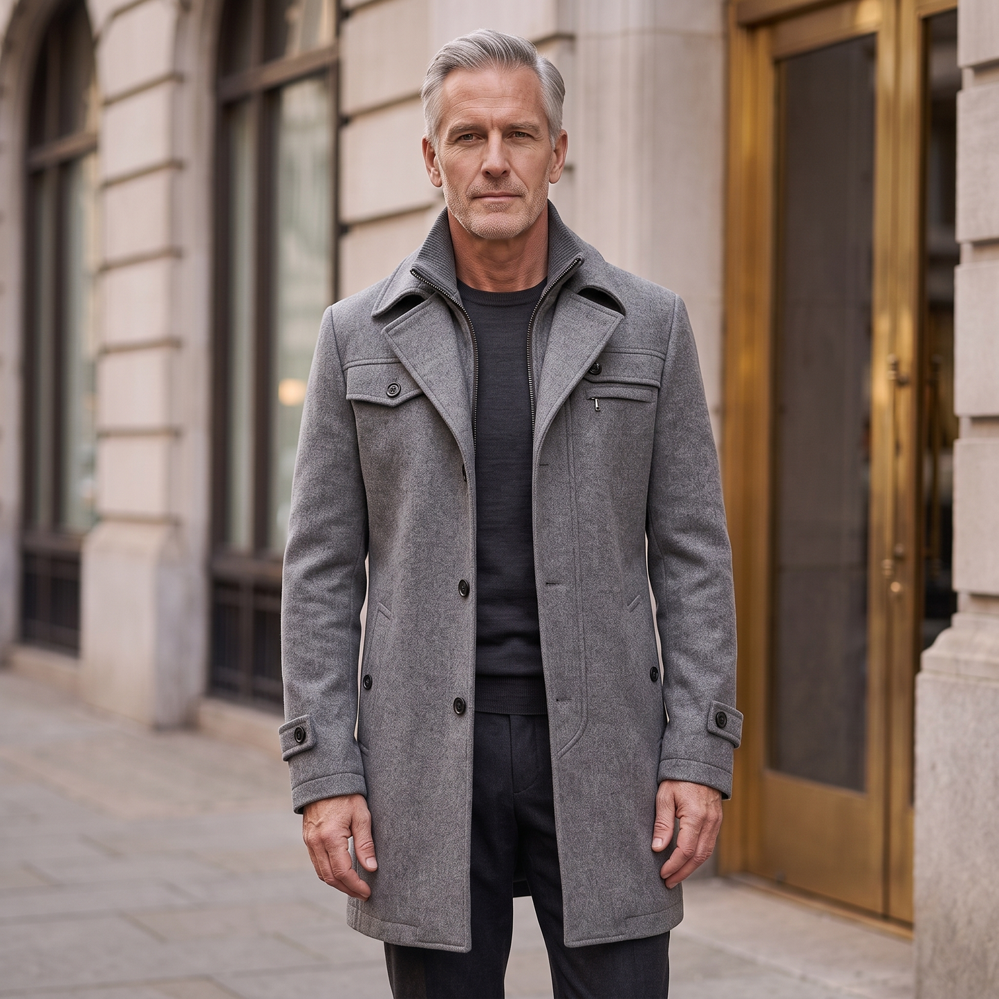 Man wearing the Emerson wool overcoat in gray