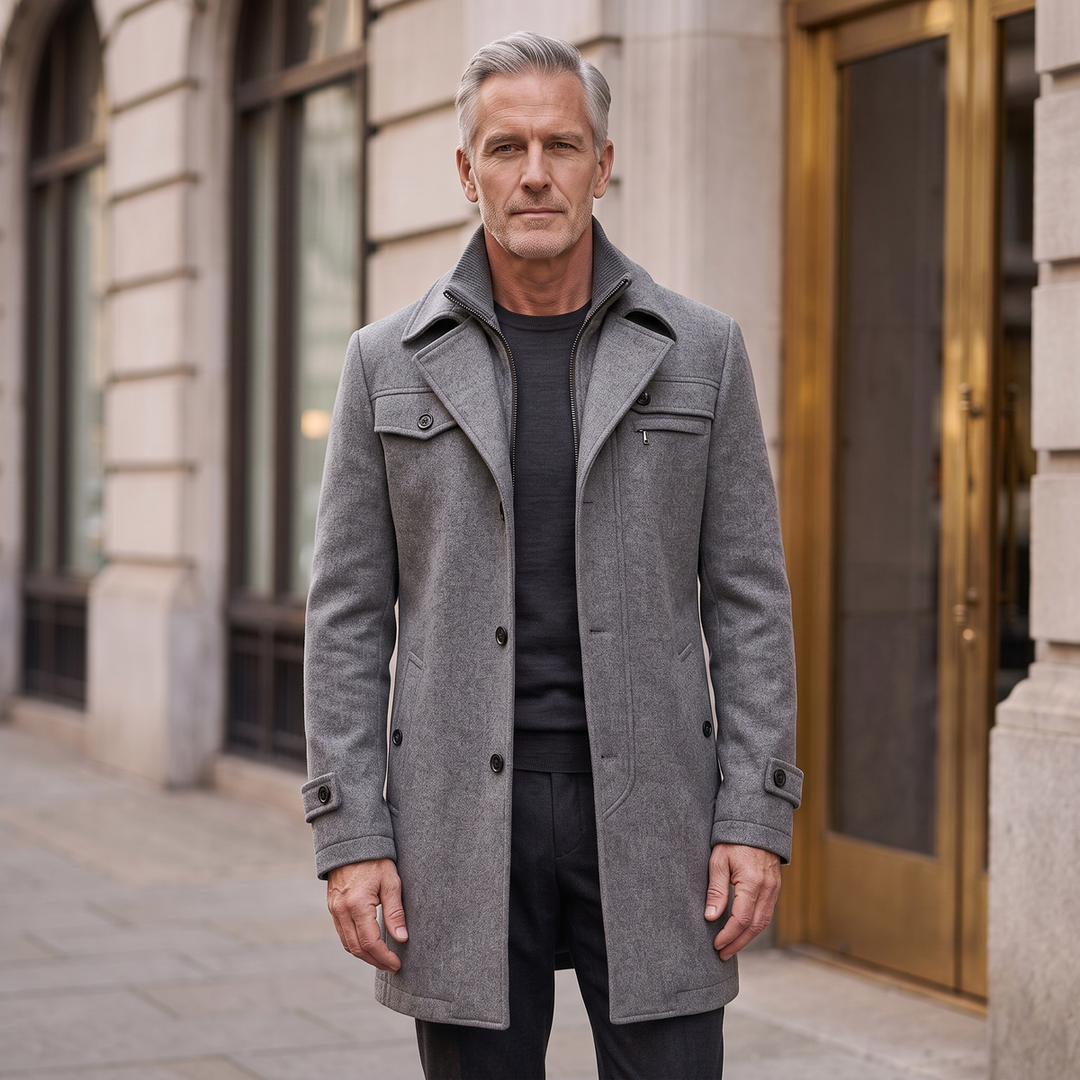 Man wearing the Emerson wool overcoat in gray