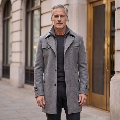 Man wearing the Emerson wool overcoat in gray