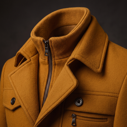 Macro of the knit inner stand collar, zip stand and notched lapel of the Emerson coat