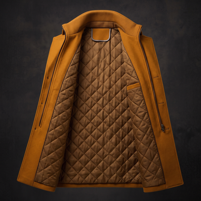 Inside of the Emerson coat showing the diamond-quilted lining and inner welt pocket