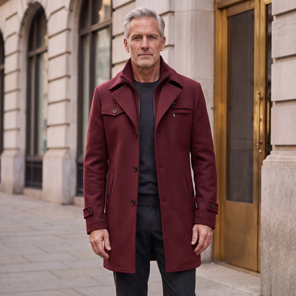 Man wearing the Emerson wool overcoat in burgundy