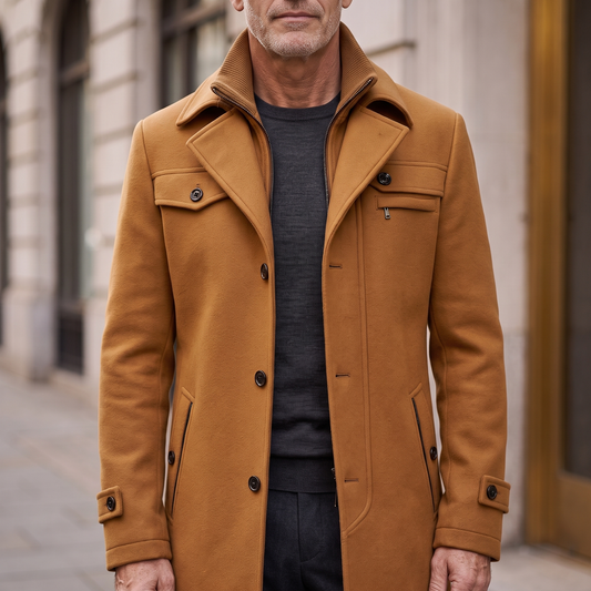 Close view of the double-layer collar, chest flap pocket and zip pocket on the Emerson coat