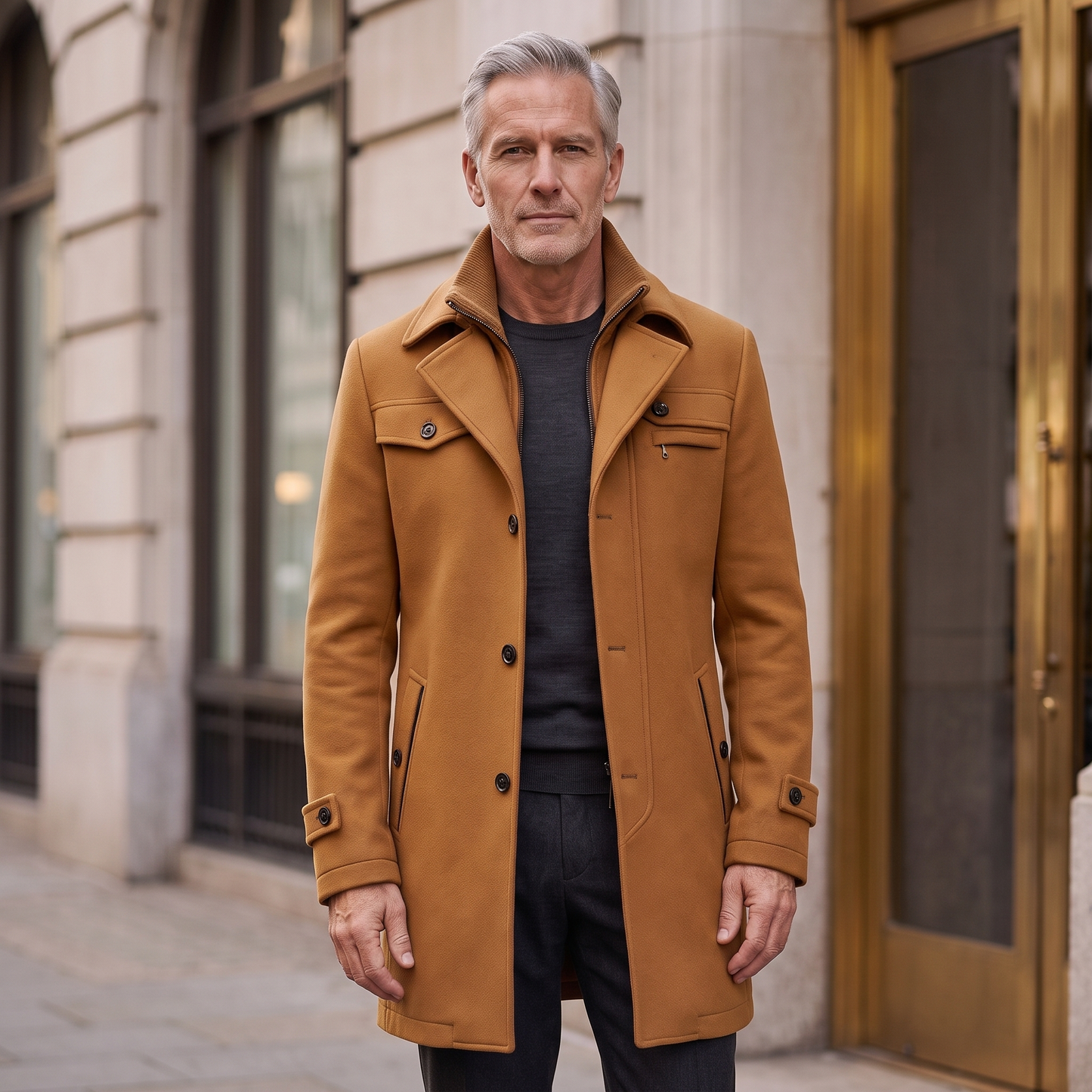 Man wearing the Emerson wool overcoat in camel, open over a charcoal knit