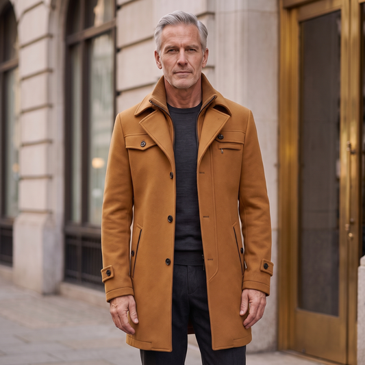 Man wearing the Emerson wool overcoat in camel, open over a charcoal knit