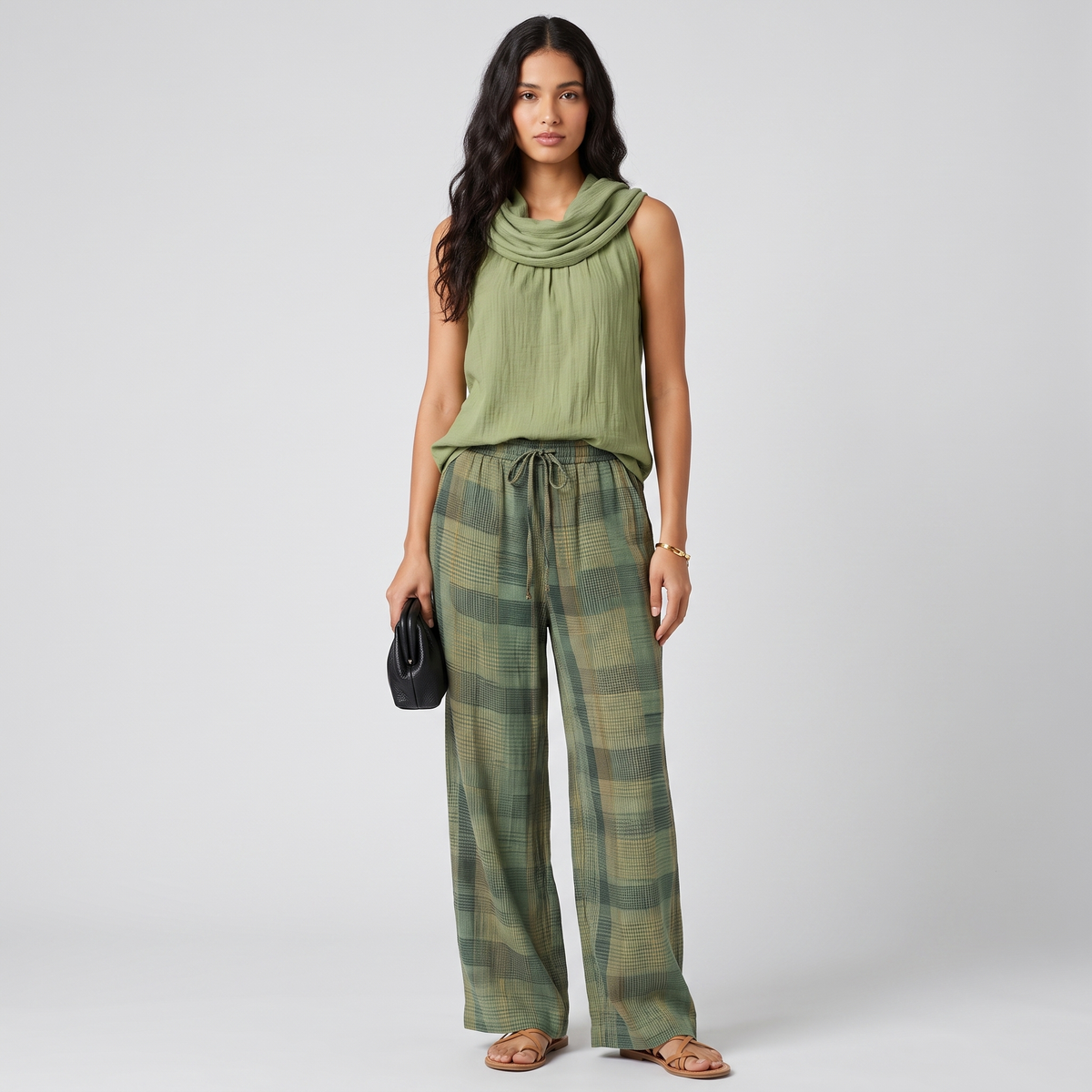 Iris two-piece set in Sage Green, full front view of the cowl neck top and checked wide-leg trousers