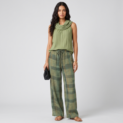 Iris two-piece set in Sage Green, full front view of the cowl neck top and checked wide-leg trousers