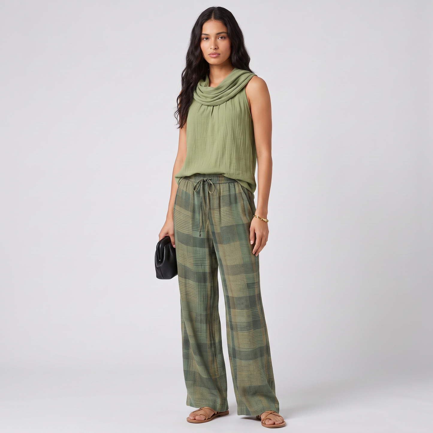 Three-quarter view of the Iris set with the drawstring waist and check pattern in focus