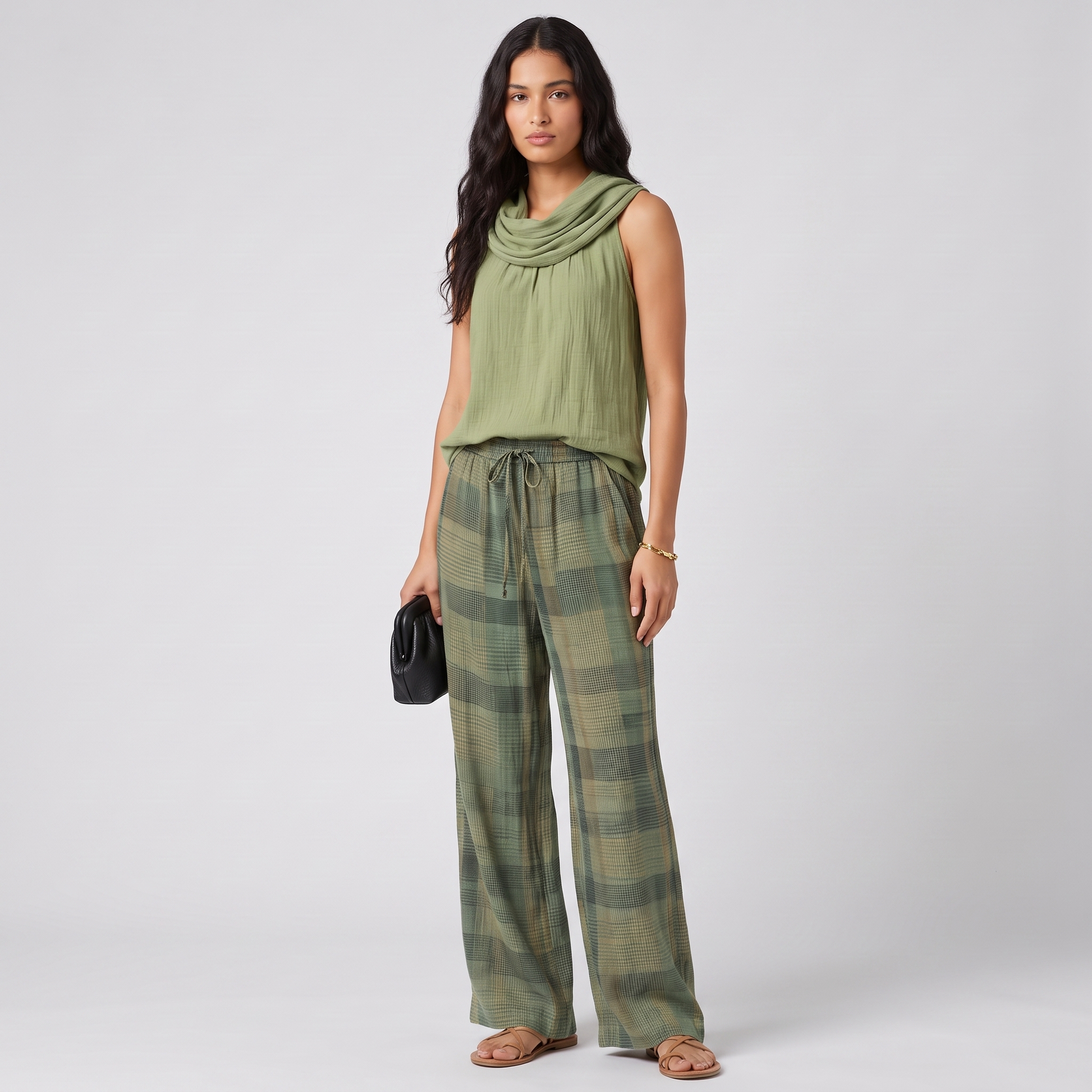 Three-quarter view of the Iris set with the drawstring waist and check pattern in focus