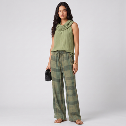 Three-quarter view of the Iris set with the drawstring waist and check pattern in focus