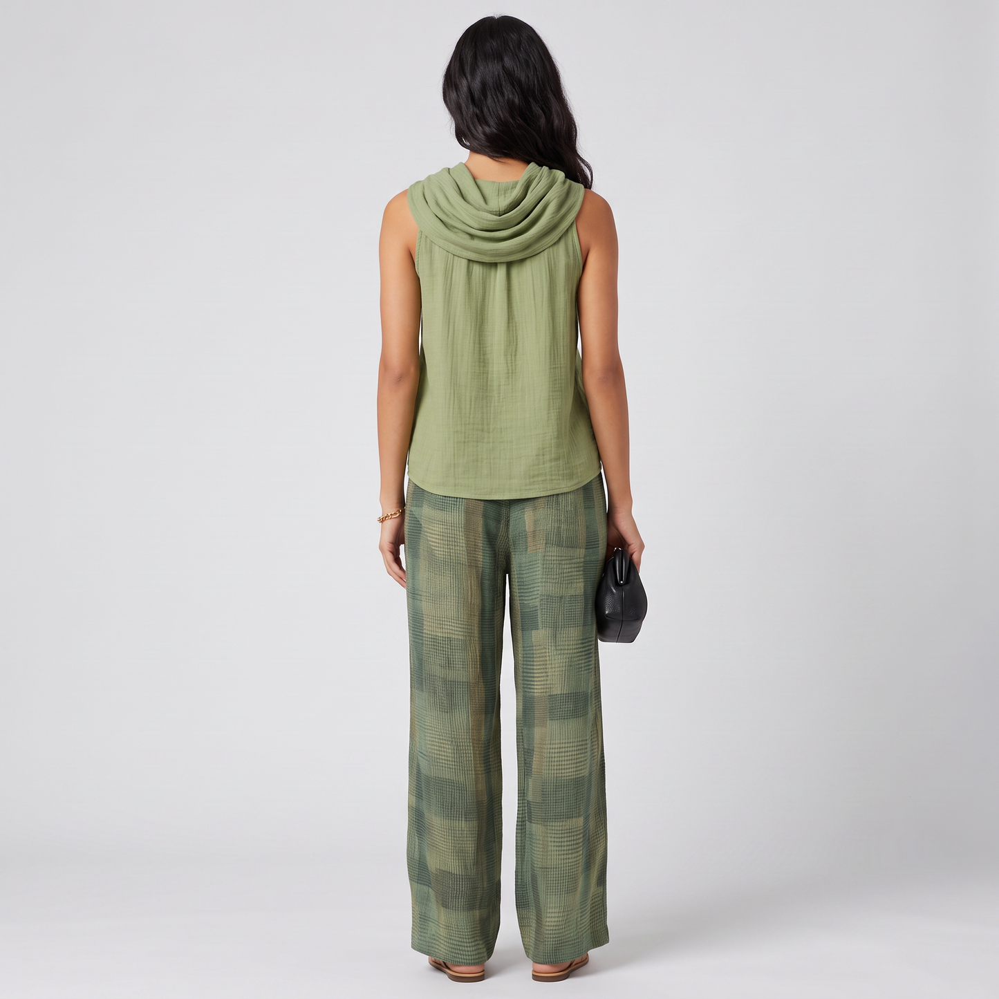 Back view of the Iris set showing the draped cowl at the back of the neckline