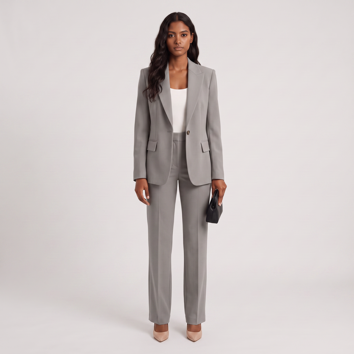 Marlene matching two-piece set in gray, tailored blazer and trousers