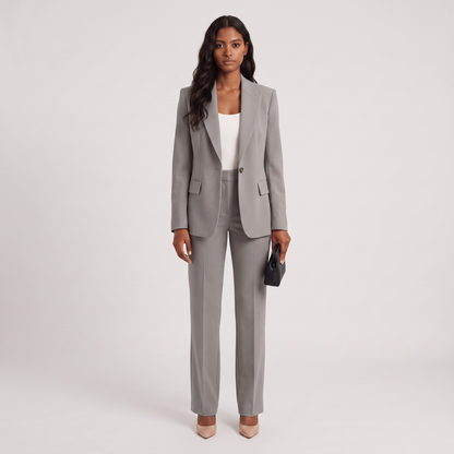 Marlene matching two-piece set in gray, tailored blazer and trousers
