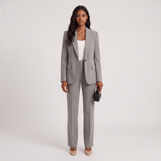 Marlene matching two-piece set in gray, tailored blazer and trousers
