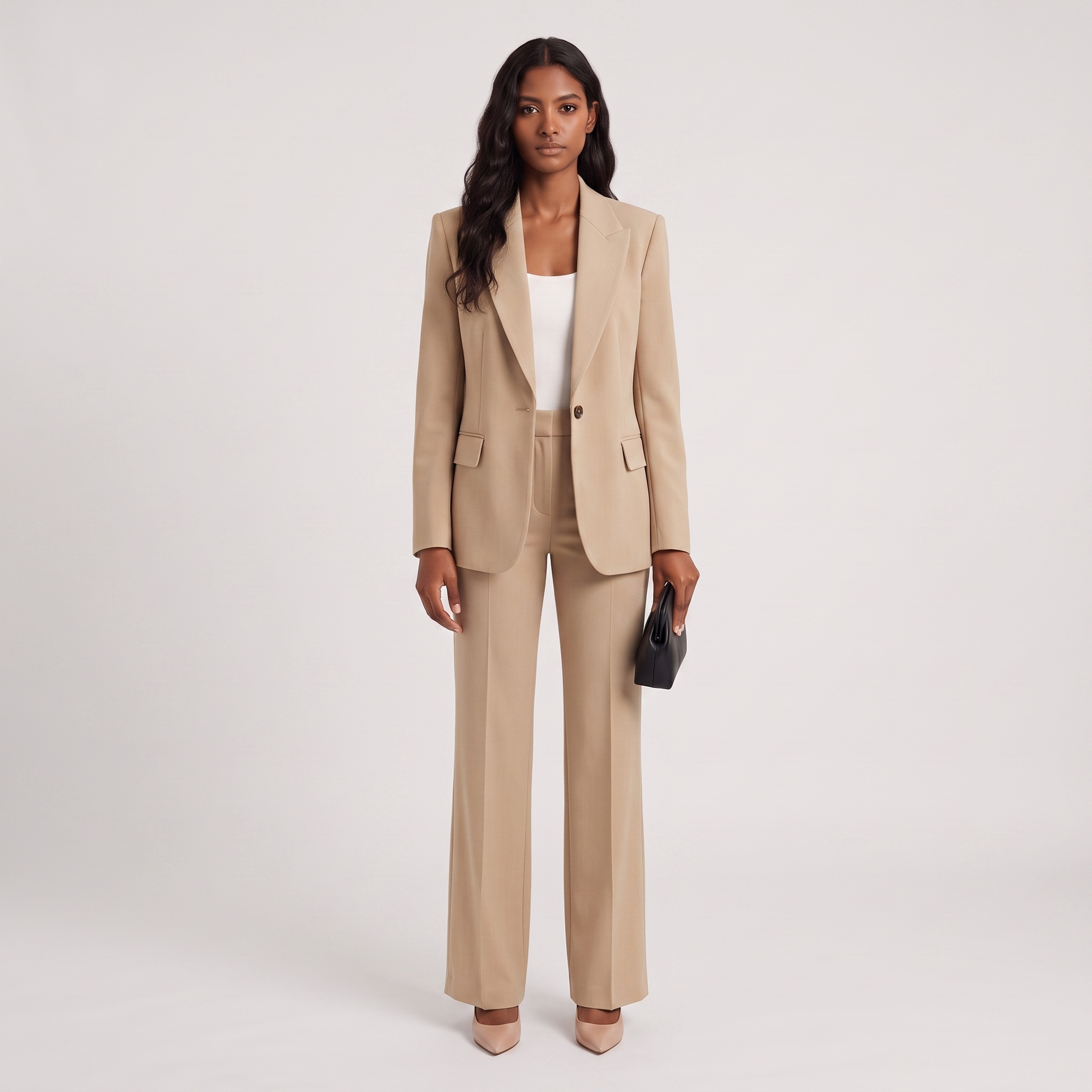 Marlene matching two-piece set in beige, tailored blazer and wide-leg trousers