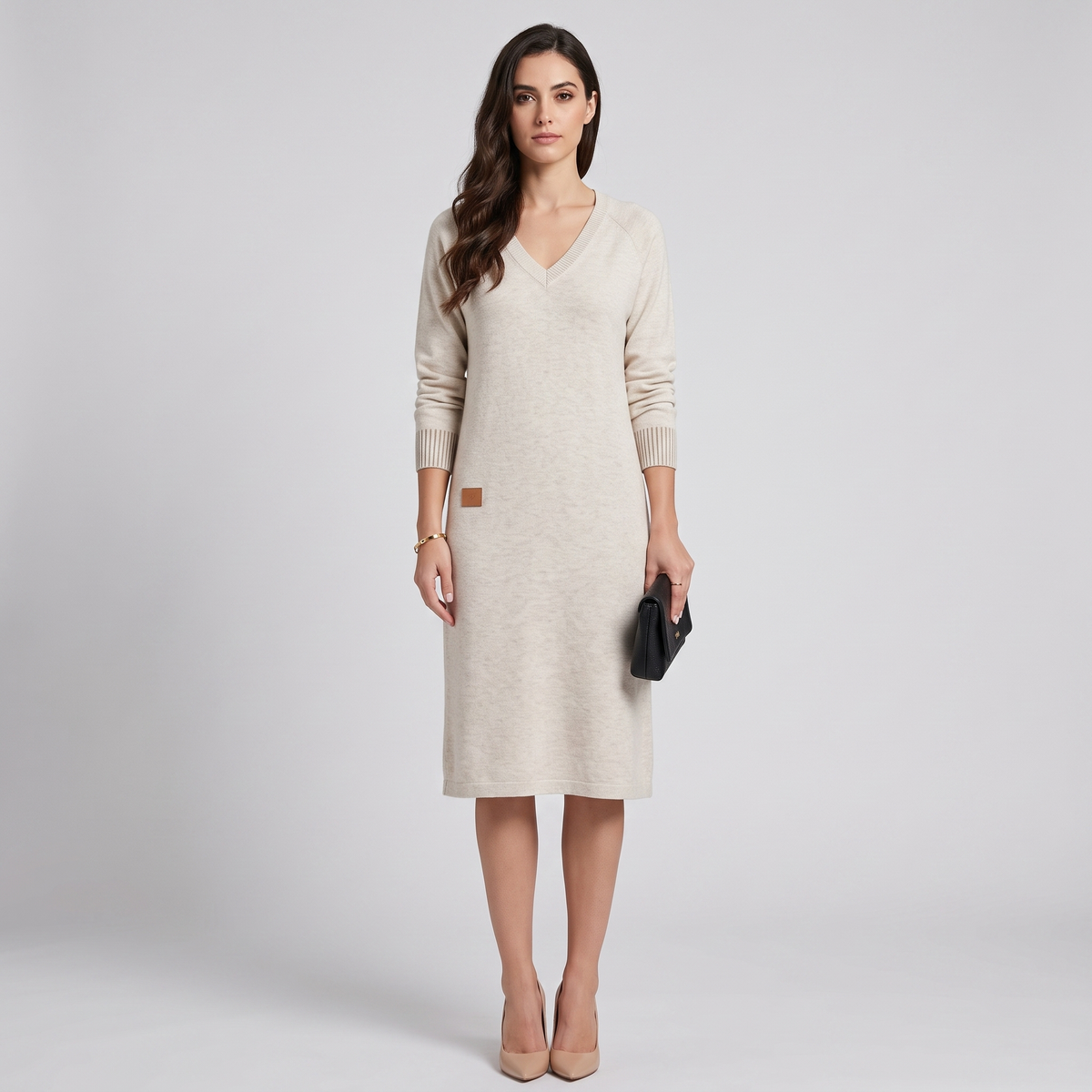 Cora knit dress in ivory, full look on model