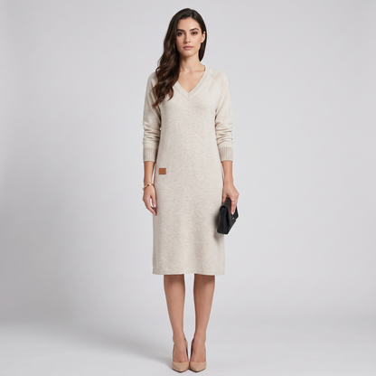 Cora knit dress in ivory, full look on model
