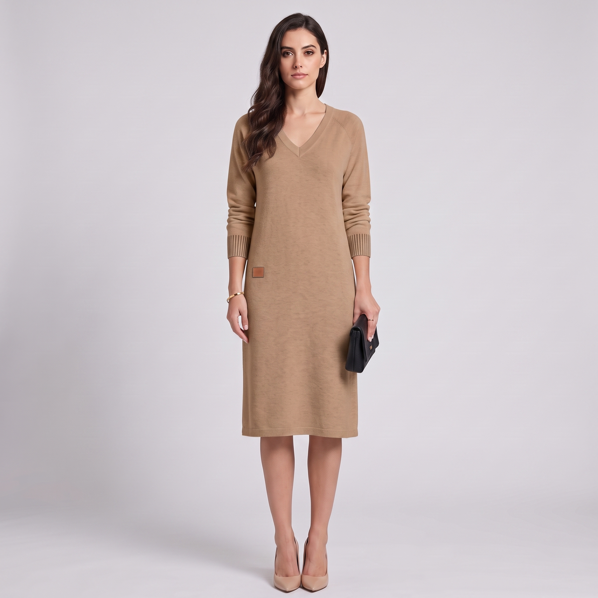 Cora knit dress in camel, full look on model
