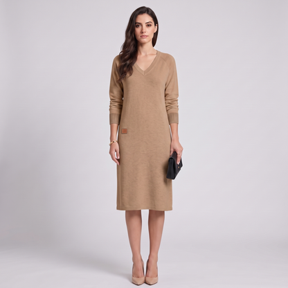 Cora knit dress in camel, full look on model