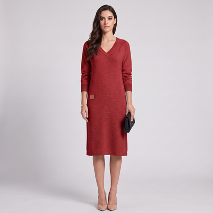 Cora knit dress in red, full look on model