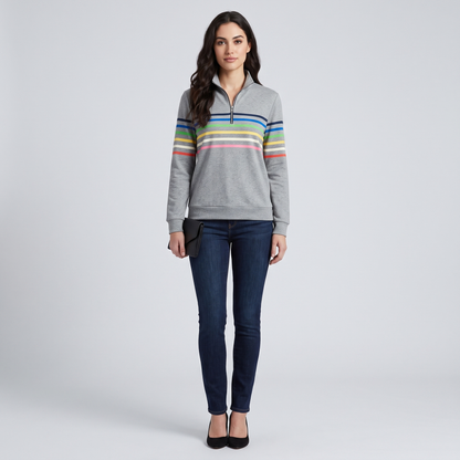 Mabel quarter-zip stripe pullover in gray, full look
