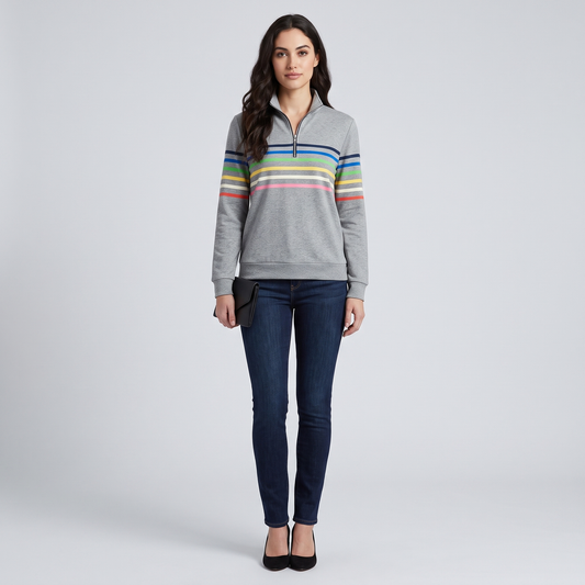 Mabel quarter-zip stripe pullover in gray, full look