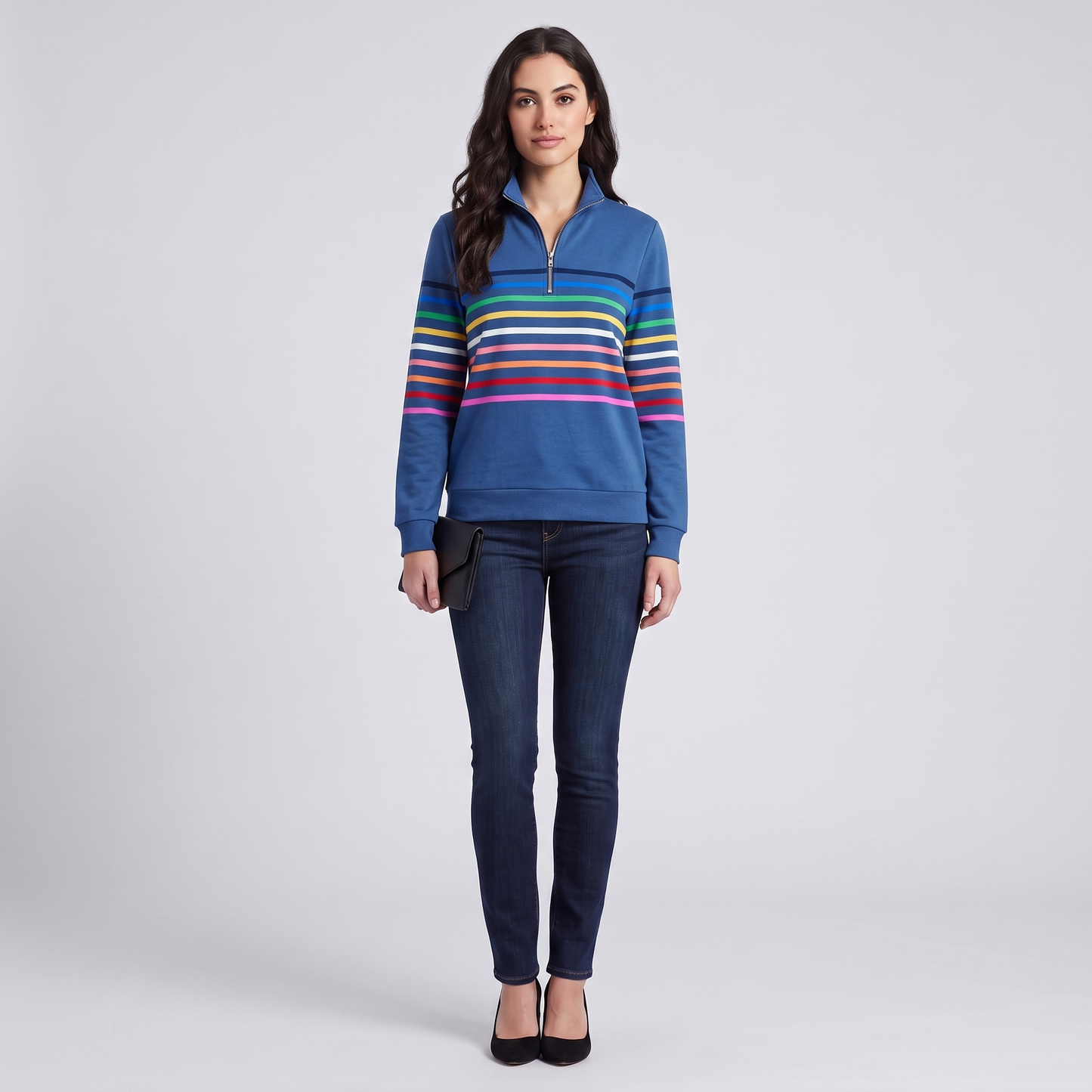 Mabel quarter-zip stripe pullover in blue, full look