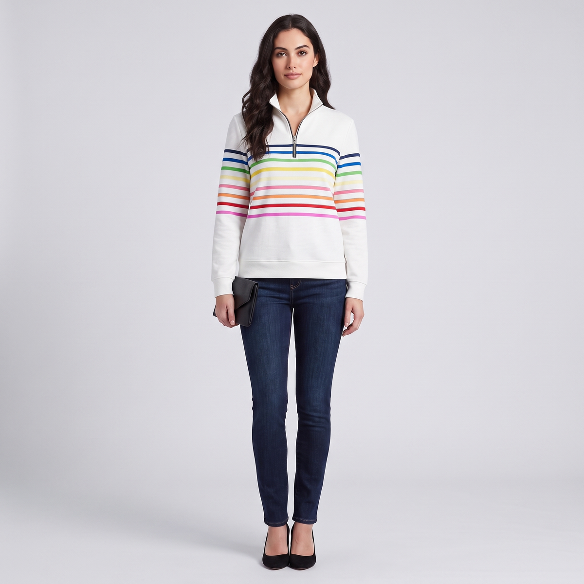 Mabel quarter-zip stripe pullover in white, full look