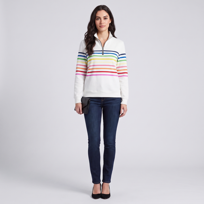 Mabel quarter-zip stripe pullover in white, full look