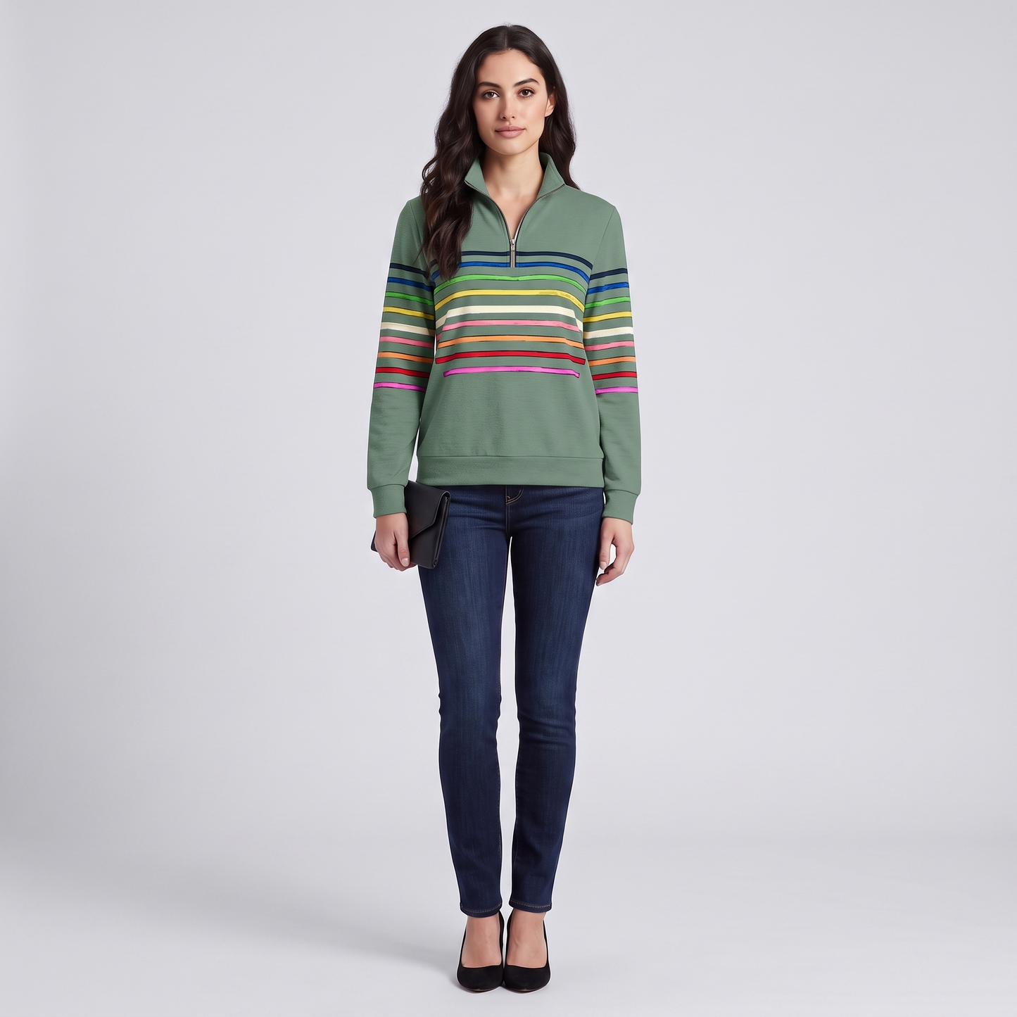 Mabel quarter-zip stripe pullover in green, full look