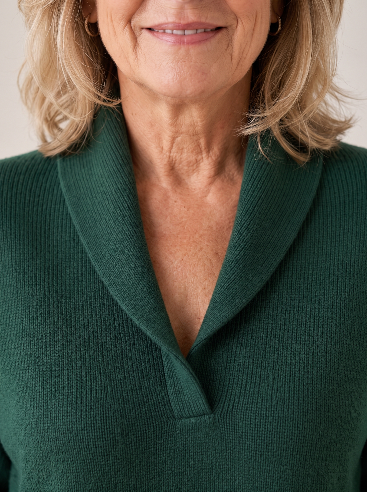 Close view of the ribbed shawl collar on the Greta sweater