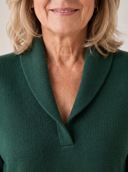 Close view of the ribbed shawl collar on the Greta sweater