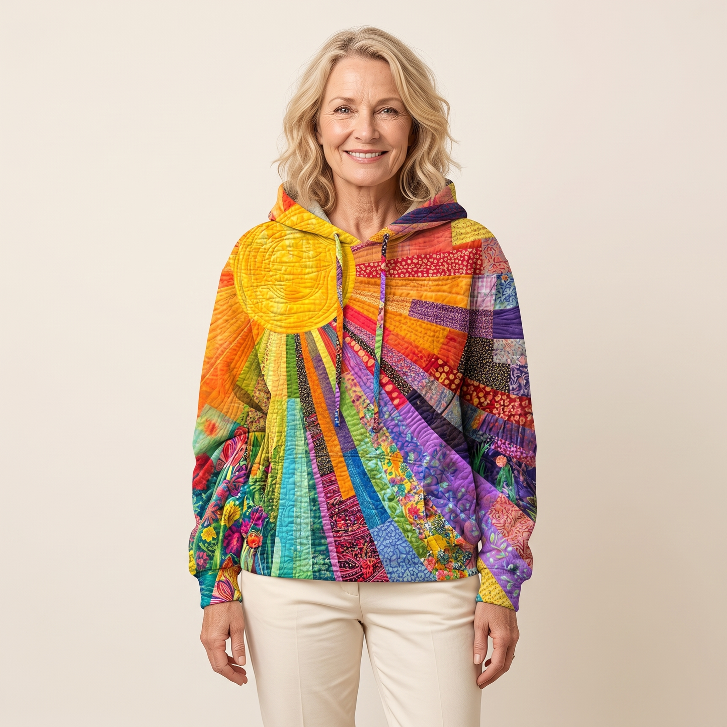 Junie hoodie in Multicolor, front view of the quilted patchwork sunburst print