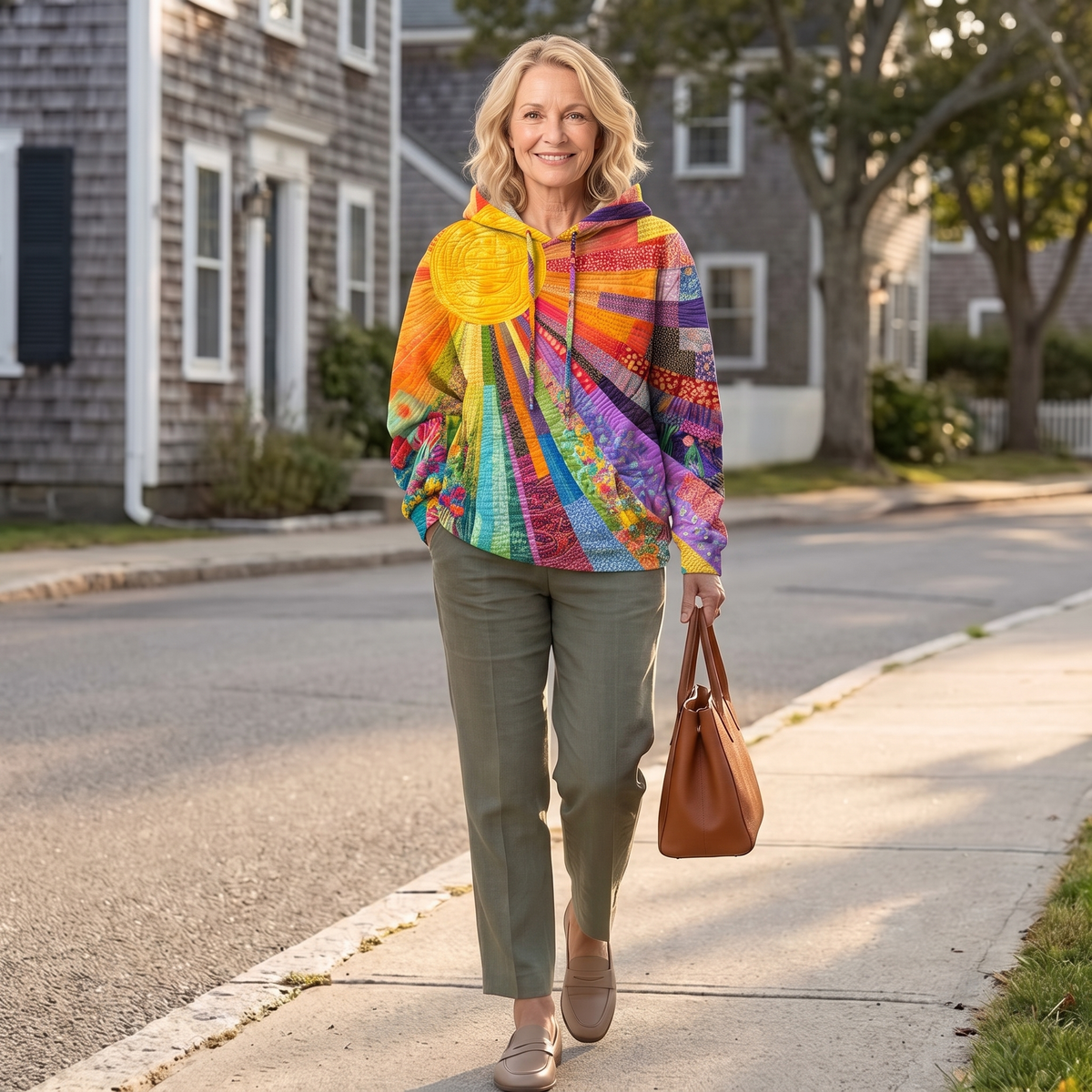 Junie hoodie in Multicolor worn on a sidewalk with olive trousers, full length