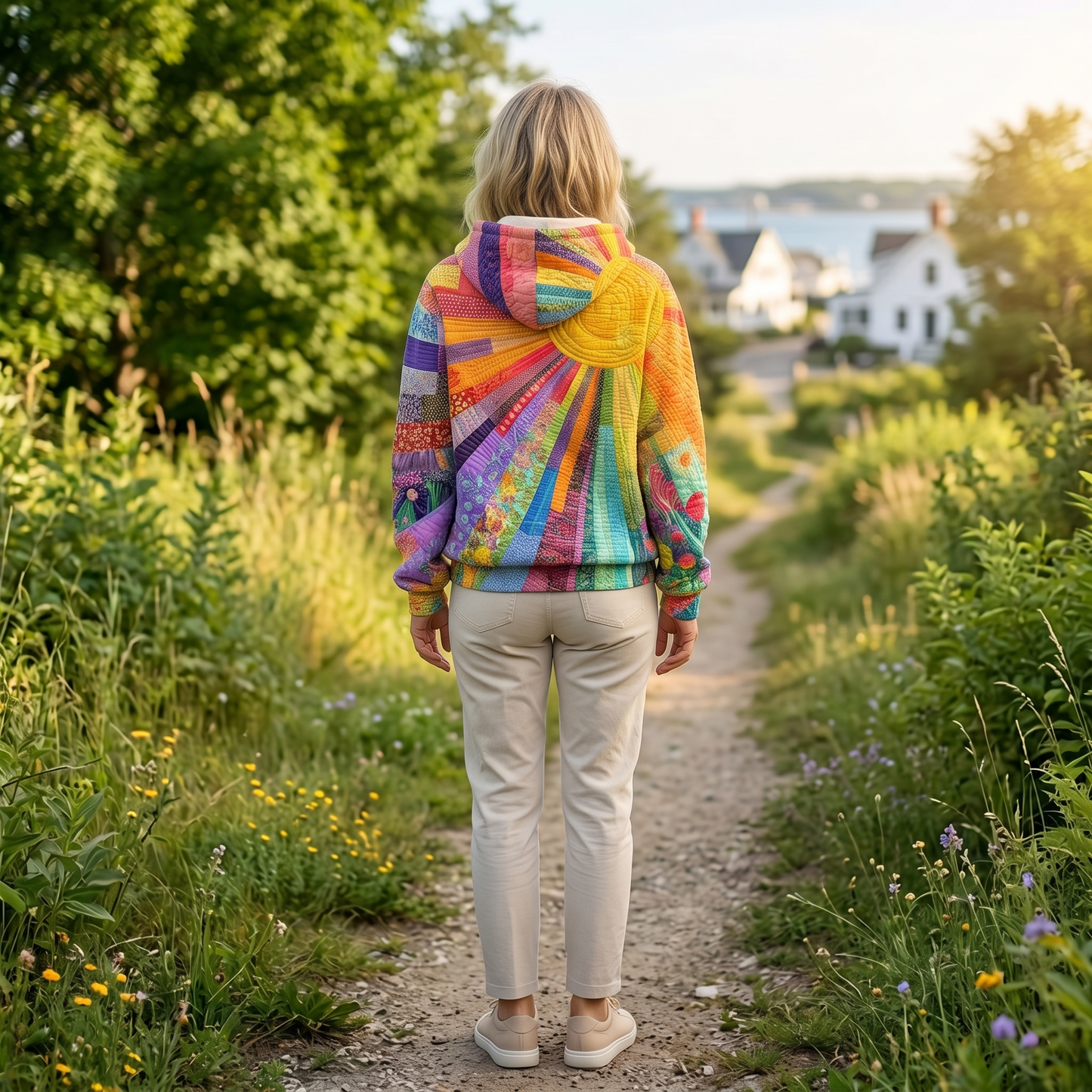 Junie hoodie in Multicolor seen from the back, the patchwork sunburst print running across the shoulders and hood