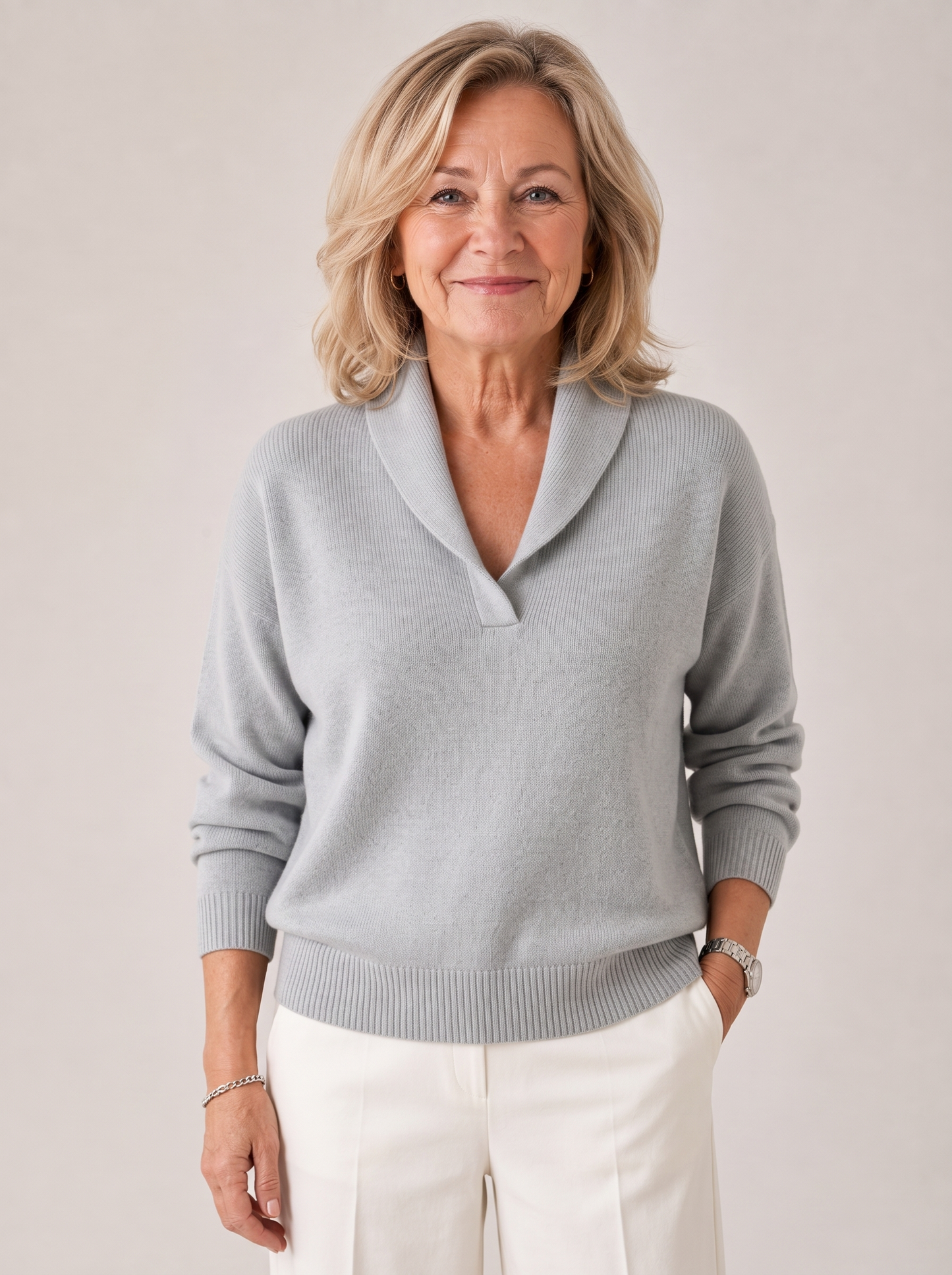 Greta shawl collar sweater in gray, front view