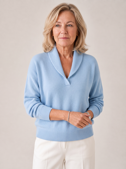 Greta shawl collar sweater in light blue, front view