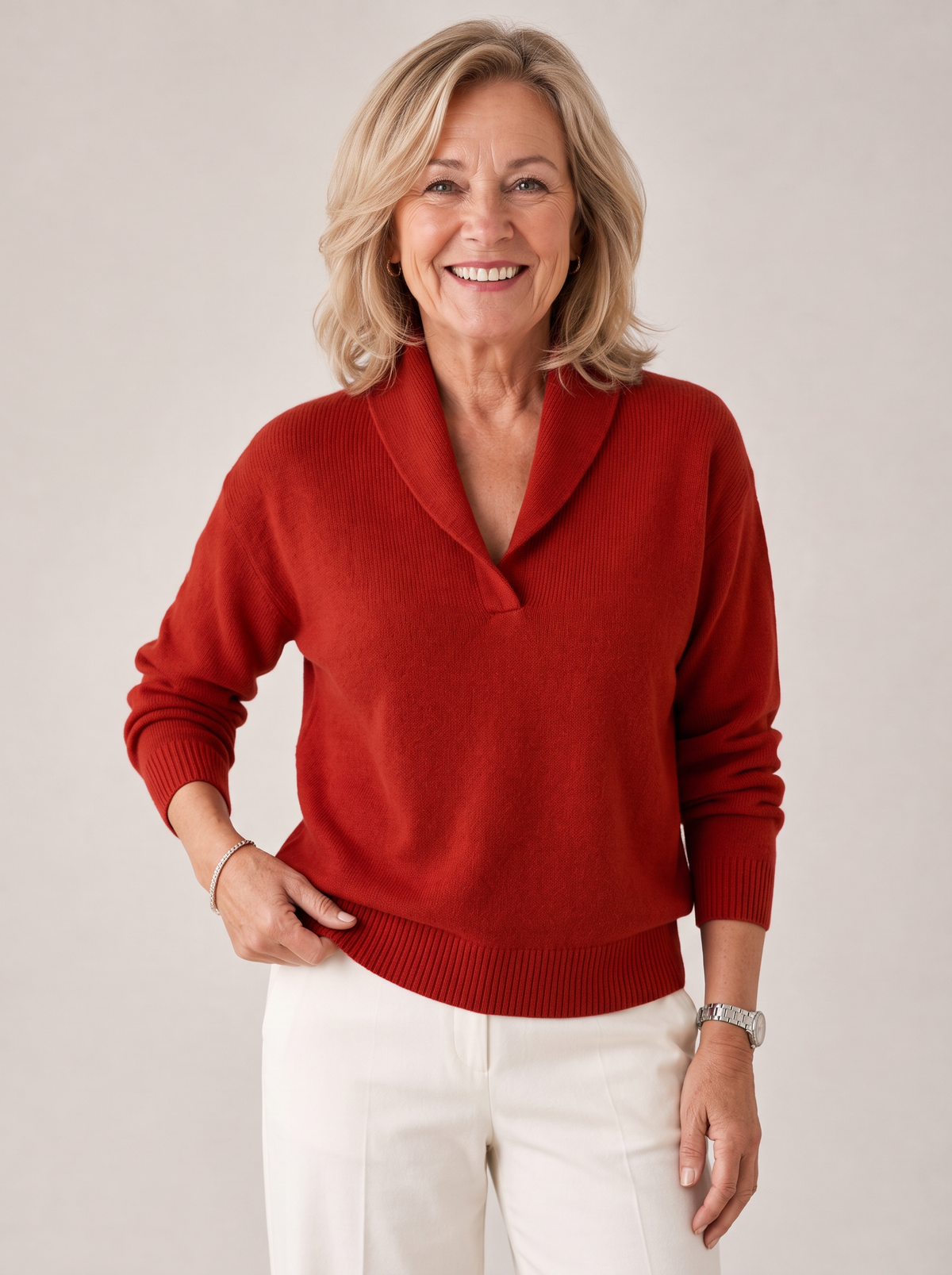 Greta shawl collar sweater in red, front view