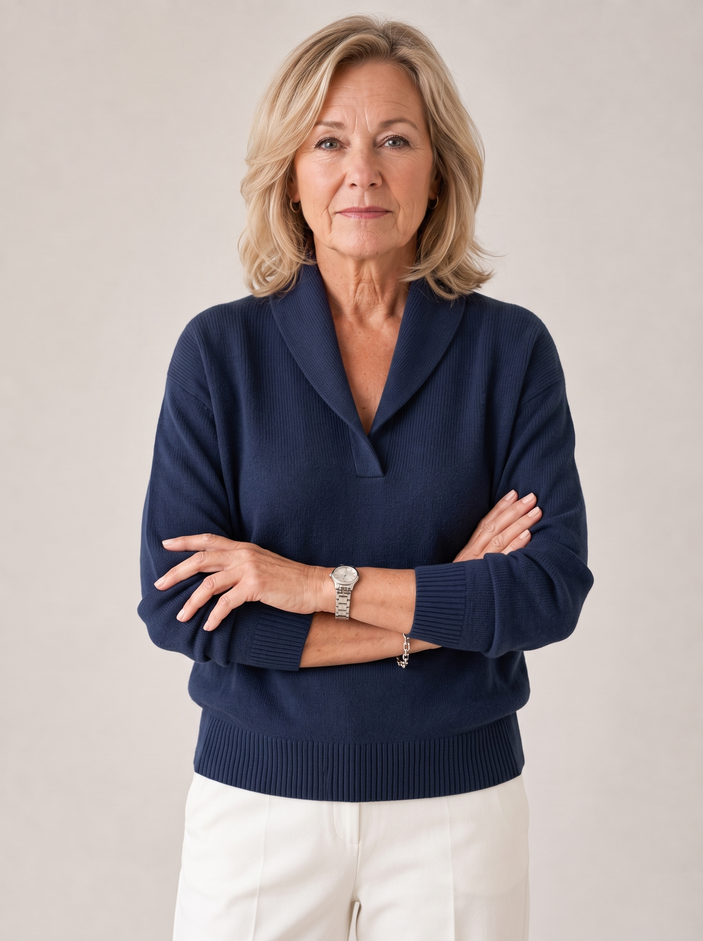 Greta shawl collar sweater in navy, front view