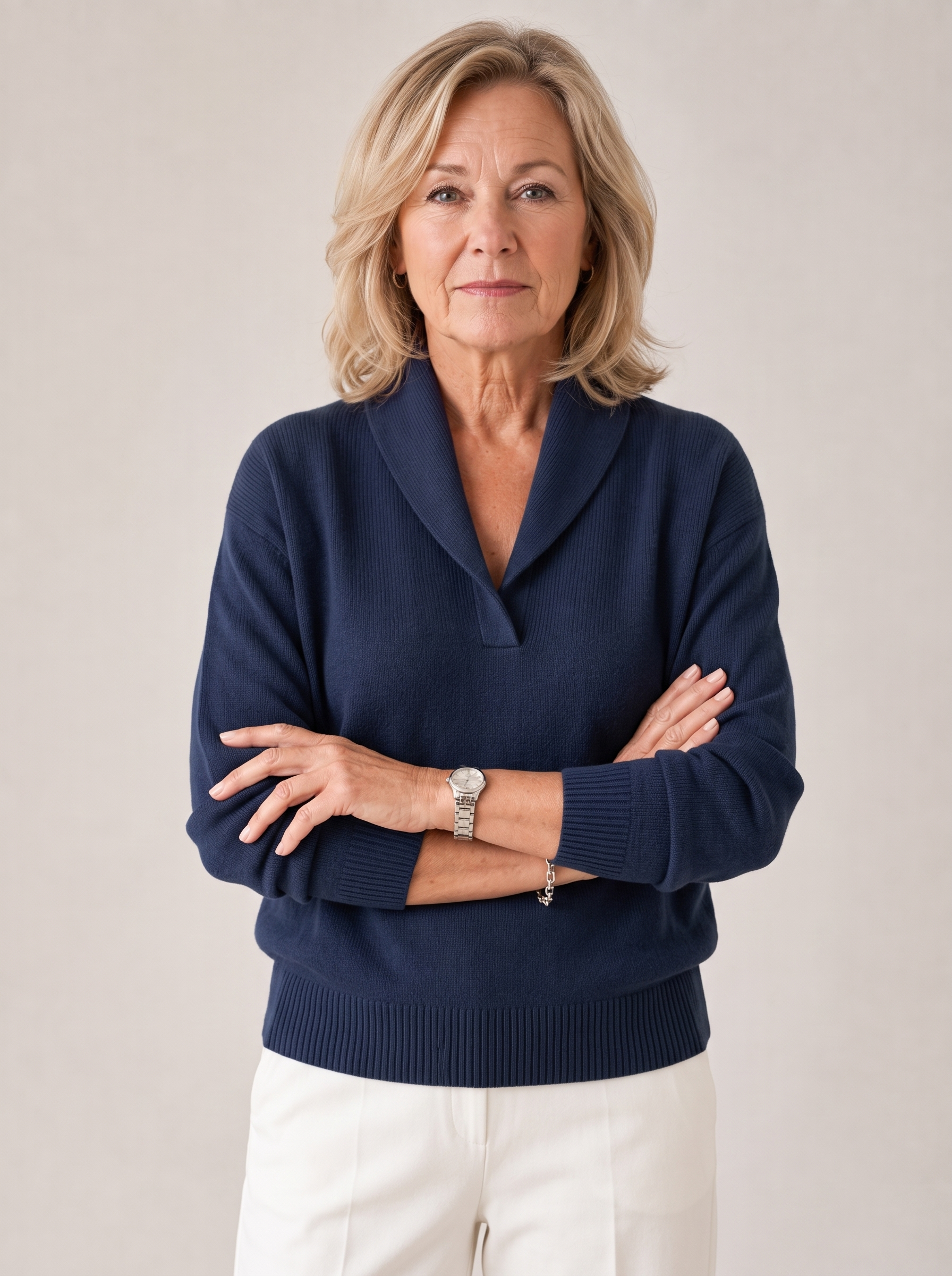 Greta shawl collar sweater in navy, front view