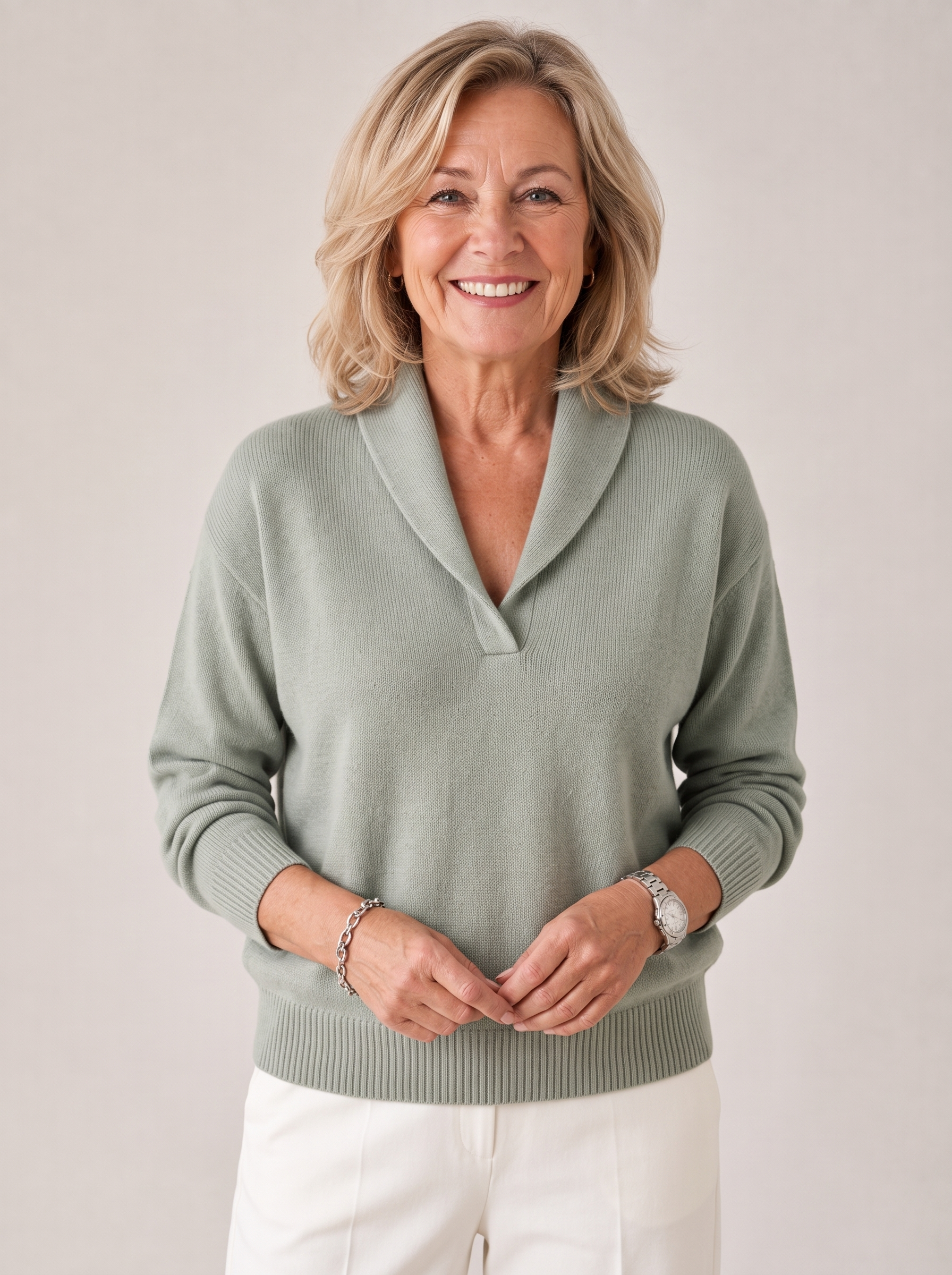 Greta shawl collar sweater in sage, front view