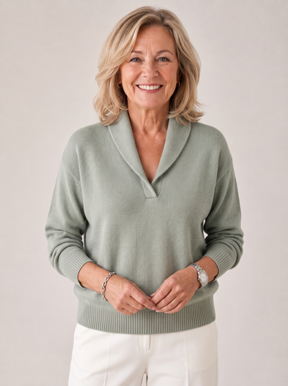 Greta shawl collar sweater in sage, front view