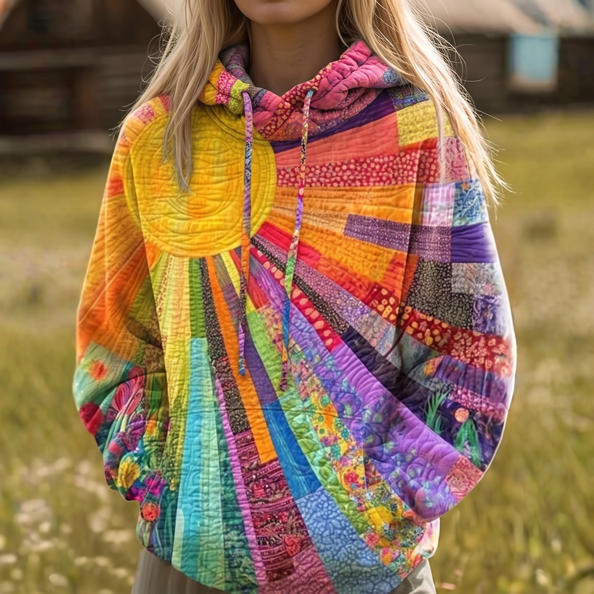 Close view of the quilted patchwork panels and stitching on the front of the Junie hoodie