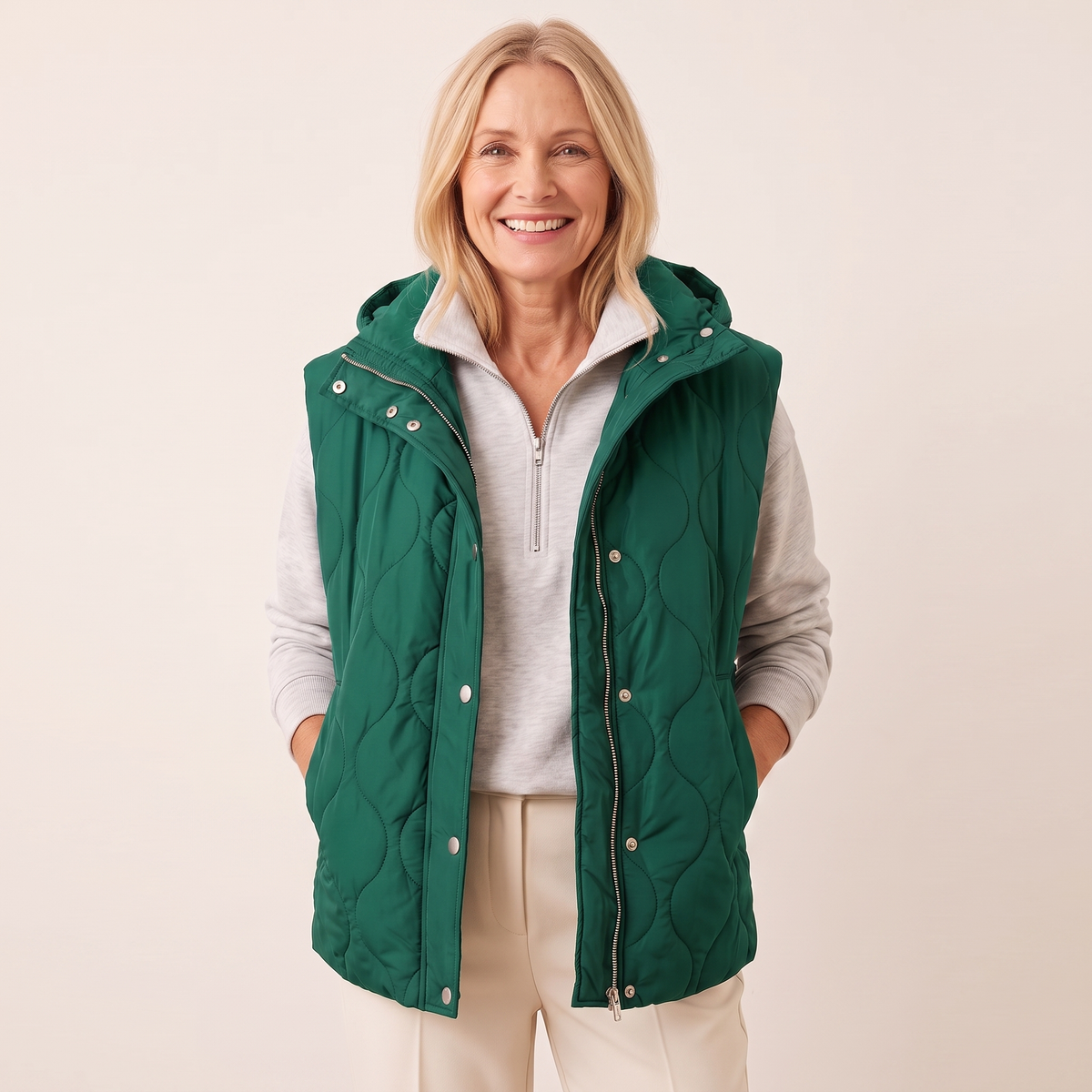 Ramona quilted hooded puffer vest in emerald green